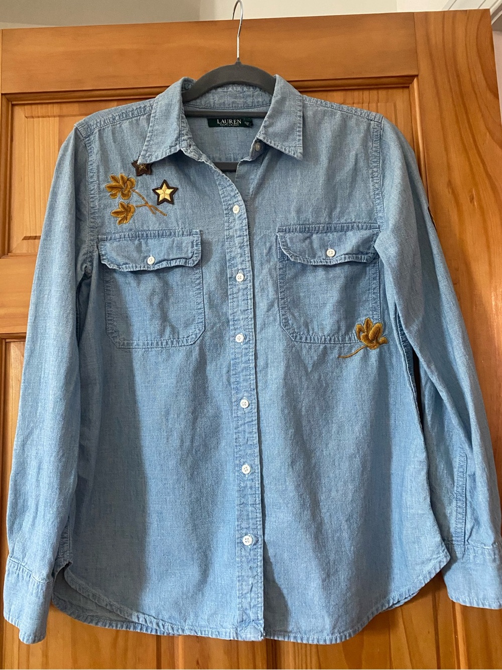 Lauren Ralph Lauren Light Blue Denim Button-Down Shirt with Gold Embroidery